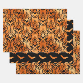 Orange Skull and Bat Halloween Damask ラッピングペーパーシート