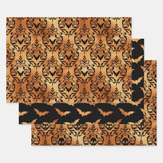 Orange Skull and Bat Halloween Damask ラッピングペーパーシート (セット)
