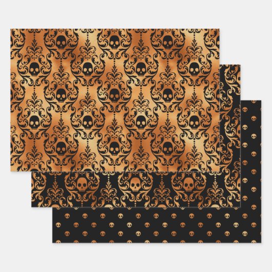 Orange Skull Halloween Damask Pattern ラッピングペーパーシート (セット)