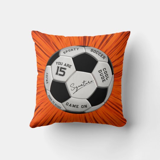 Orange Soccer Ball Custom Text Birthday Milestone  クッション (裏面)