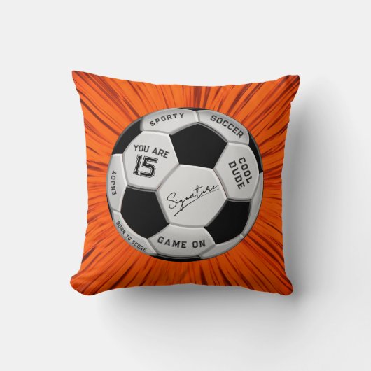 Orange Soccer Ball Custom Text Birthday Milestone  クッション (正面)