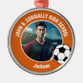 Orange Soccer Player Photo High School Christmas メタルオーナメント (正面)