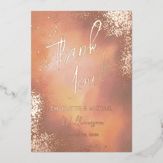 Orange Sparkle Photo Overlay'結婚S Thank You 箔招待状 (正面)