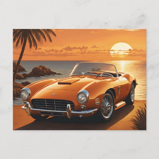 Orange Sportscar Sunset Tropical Beach ポストカード (正面)