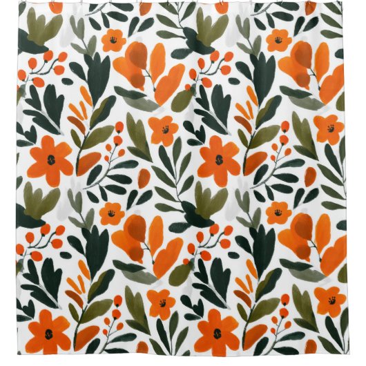 Orange Spring Flowers Pattern Floral Elegant シャワーカーテン (正面)