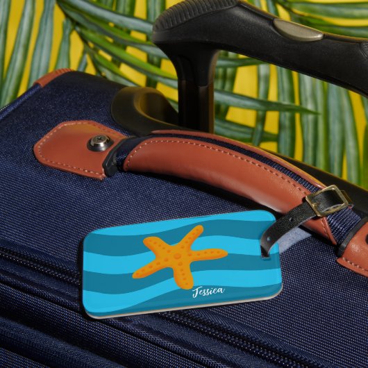 Orange Starfish Blue Waves Luggage Tag ラゲッジタグ (正面インサイチュ3)