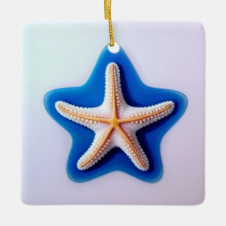 Orange Starfish in Blue セラミックオーナメント