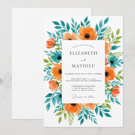 Orange Sublime Summer Botanical Wedding 招待状 (正面/裏面)