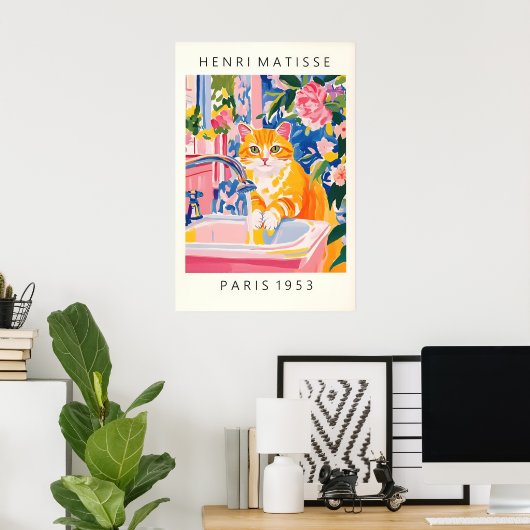 Orange Tabby Cat Art Print Matisse Style Bathroom ポスター (ホームオフィス)