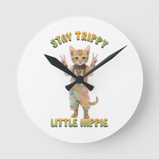 Orange Tabby Cat Boho Stay Trippy Little Hippie  ラウンド壁時計 (正面)