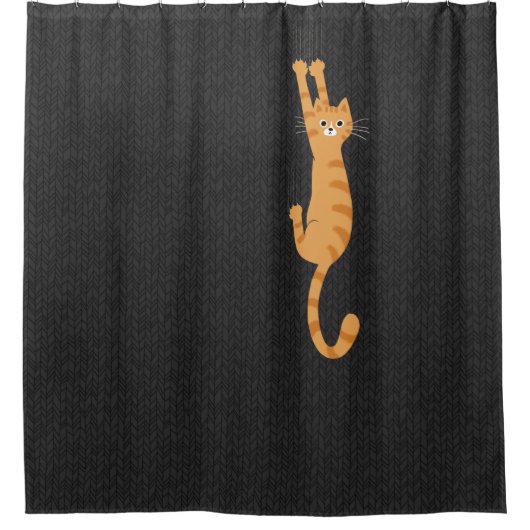 Orange Tabby Cat Hanging On | Funny Striped Cat シャワーカーテン (正面)