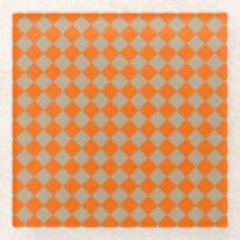 Orange Taupe Checker Diamond Pattern ガラスコースター