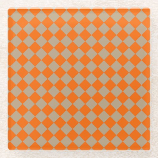 Orange Taupe Checker Diamond Pattern ガラスコースター (正面)