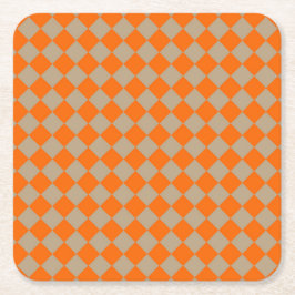 Orange Taupe Checker Diamond Pattern スクエアペーパーコースター