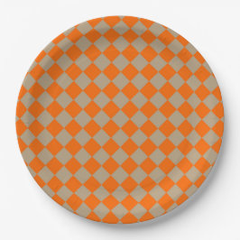 Orange Taupe Checker Diamond Pattern ペーパープレート