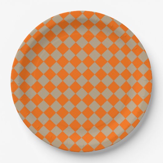 Orange Taupe Checker Diamond Pattern ペーパープレート (正面)