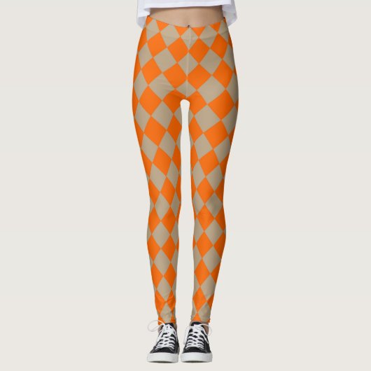 Orange Taupe Checker Diamond Pattern レギンス (正面)
