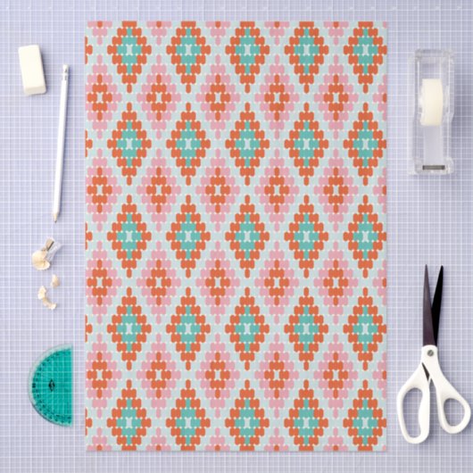 Orange Teal Pink Folk Diamond Geometric Pattern 薄葉紙 (クラフト)