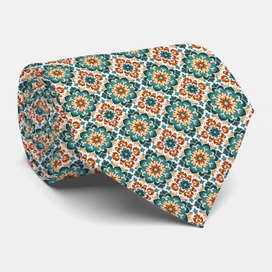 Orange, Teal & White Floral Tile Pattern ネクタイ (ロール)