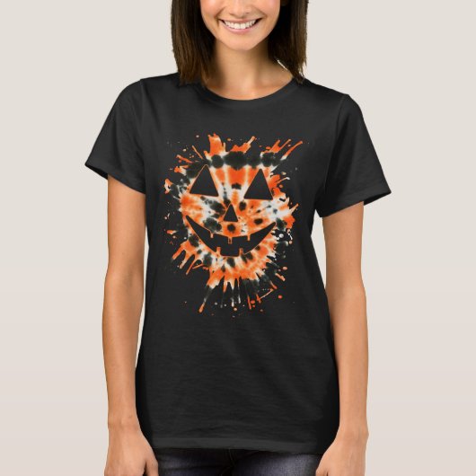 Orange Tie Dye Jack O Lantern Face - Hipe Hallowee Tシャツ (正面)