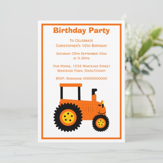 Orange Tractor Design Personalised Birthday Party 招待状 (スタンド正面)