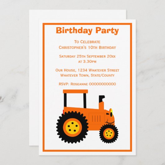 Orange Tractor Design Personalised Birthday Party 招待状 (正面/裏面)