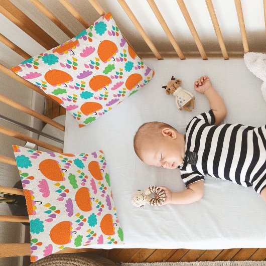 Orange Umbrellas with Clouds and Raindrops クッション