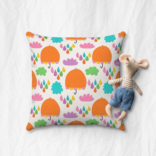 Orange Umbrellas with Clouds and Raindrops クッション