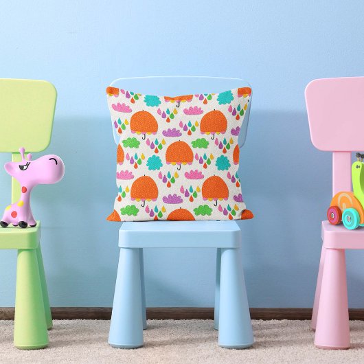 Orange Umbrellas with Clouds and Raindrops クッション