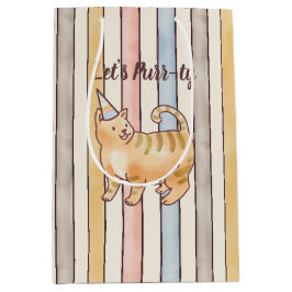 Orange Watercolor Cat, Pink, Yellow, Blue Stripes  ミディアムペーパーバッグ
