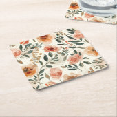 Orange Watercolor Flowers Botanical Painting スクエアペーパーコースター (アングル)