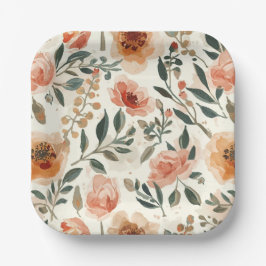 Orange Watercolor Flowers Botanical Painting ペーパープレート