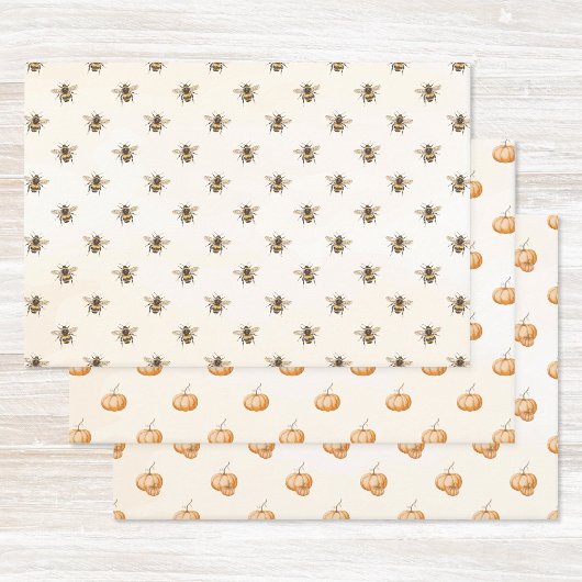 Orange Watercolor Pumpkins et Bumblebees Pattern ラッピングペーパーシート