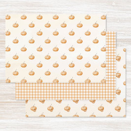 Orange Watercolor Pumpkins Gingham Pattern Fall ラッピングペーパーシート