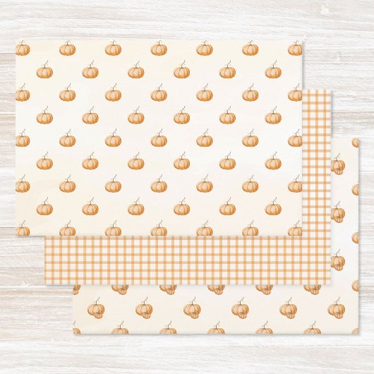 Orange Watercolor Pumpkins Gingham Pattern Fall ラッピングペーパーシート