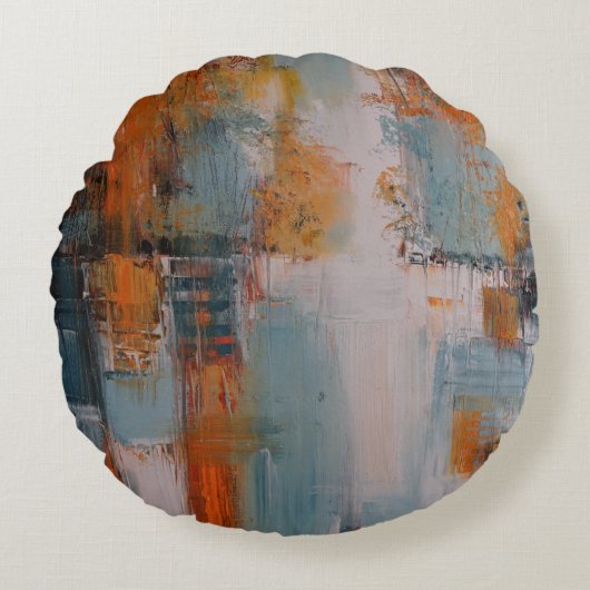 Orange, white, and teal abstract painting ラウンドクッション (正面)