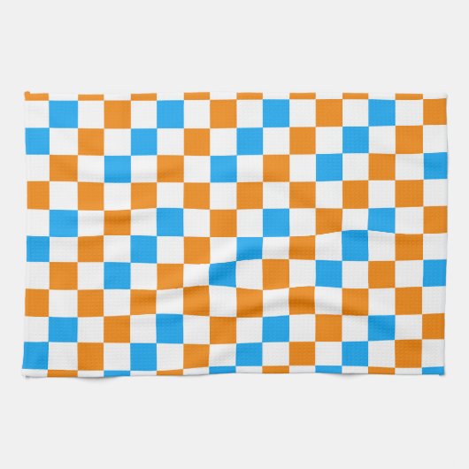 Orange White Blue Checkered Pattern Design  キッチンタオル (横)