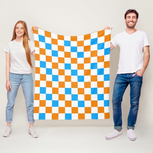 Orange White Blue Checkered Pattern Design  フリースブランケット (インサイチュ)