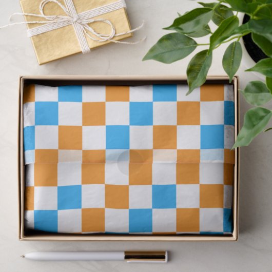 Orange White Blue Checkered Pattern Design  薄葉紙 (ギフト)