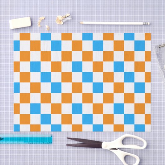Orange White Blue Checkered Pattern Design  薄葉紙 (クラフト)