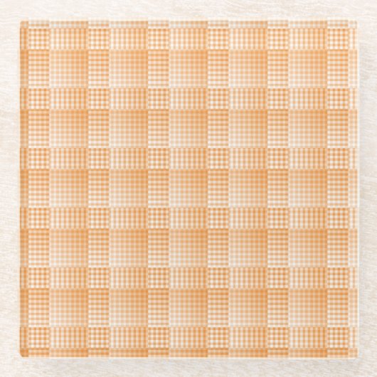 Orange White Checker Abstract Pattern ガラスコースター (正面)