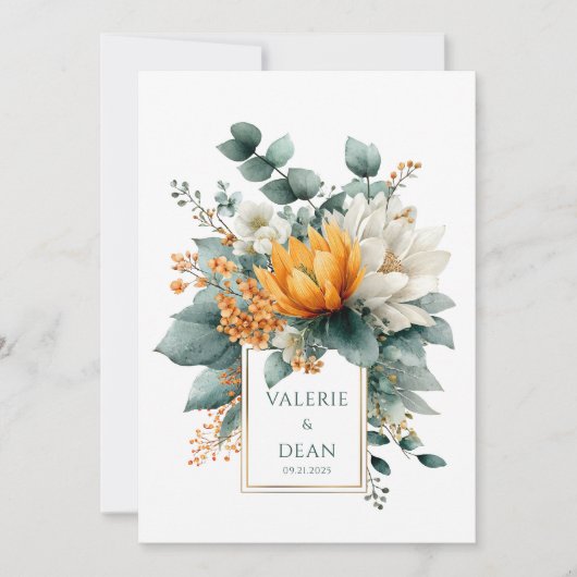 Orange White Floral Eucalyptus Gold Frame 招待状 (正面)