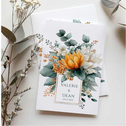 Orange White Floral Eucalyptus Gold Frame 招待状