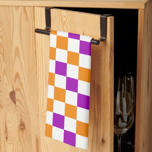 Orange White Purple Checkered Pattern Design  キッチンタオル (三つ折り)