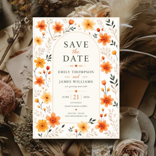 Orange Wildflower Rustic Floral Elegant Botanical セーブザデート