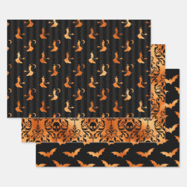 Orange Witch, Skull and Bat Halloween Patterns ラッピングペーパーシート