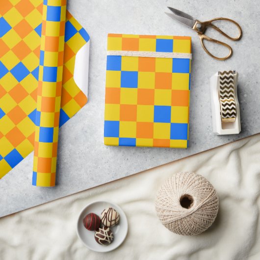 Orange Yellow Blue Checkered Pattern Design  ラッピングペーパー (クラフト)