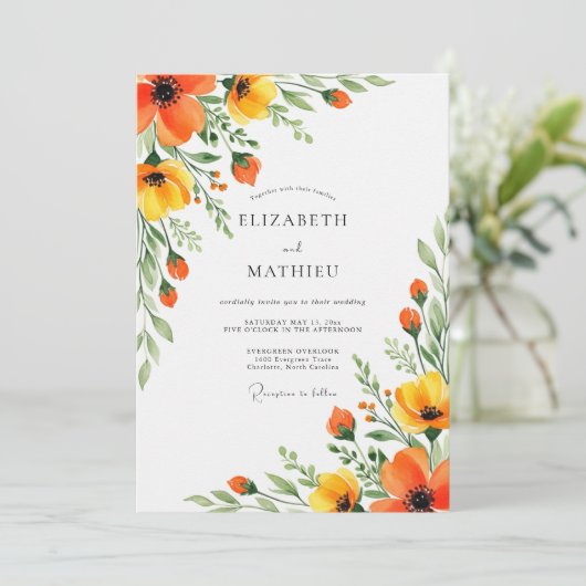 Orange Yellow Floral Flourish Wedding 招待状 (スタンド正面)