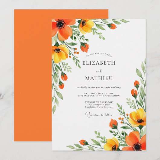 Orange Yellow Floral Flourish Wedding 招待状 (正面/裏面)