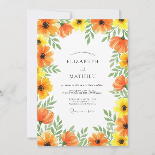 Orange Yellow Floral Whimsy Wedding 招待状 (正面)